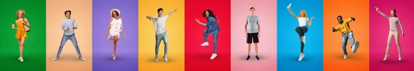 Multiraciale millennials poseren op kleurrijke achtergronden, collectie van studio foto 's — Stockfoto