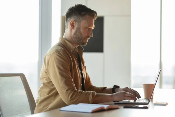 Zijaanzicht van zakenman typen met behulp van laptop werken in kantoor — Stockfoto