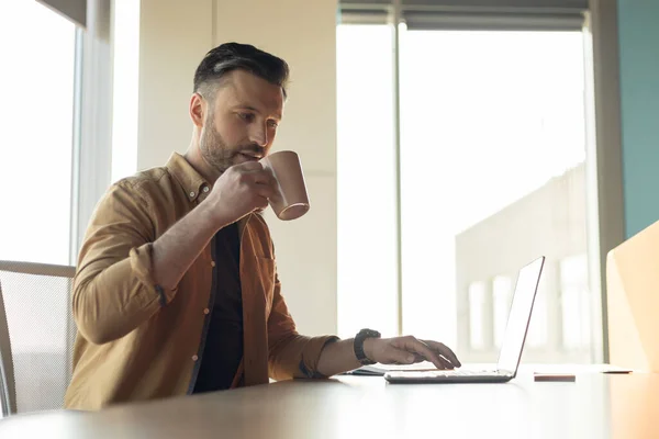 Επιτυχημένος επιχειρηματίας που εργάζονται σε απευθείας σύνδεση στο φορητό υπολογιστή πίνοντας καφέ στο γραφείο — Φωτογραφία Αρχείου