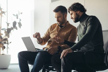 Laptop ekranına bakan odaklanmış şirket çalışanları, modern ofiste iş projesinde birlikte çalışmak, serbest alan