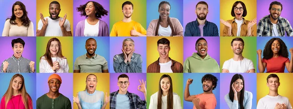 Uppsättning av olika glada multietniska människor porträtt över färgglada bakgrunder — Stockfoto