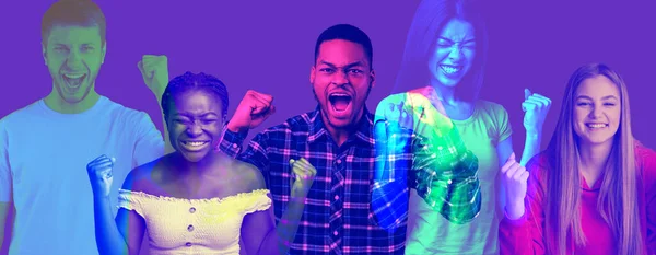 Jovens multiétnicos alegres comemorando o sucesso, colagem — Fotografia de Stock