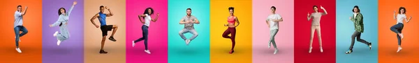 Boldog millenniumi férfiak és nők gesztikuláló színes háttér, kollázs — Stock Fotó