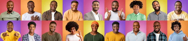 Mosaico com feliz afro-americanos machos retratos sobre fundos coloridos — Fotografia de Stock