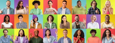Pozitif Genç Çok Irklı Kadın ve Erkekler Renkli Arkaplanlarda Poz Veriyor