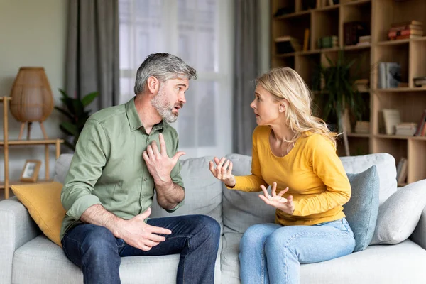 Domestic Conflicts. Portrait Of Middle Aged Spouses Arguing At Home — Stock Photo, Image