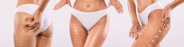 Liposuction Konsepti. Sıska kadın figürleri, vücuttaki çizgileri kaldıran, beyaz stüdyo arka planı, yaratıcı kolajı, Panorama 'da poz verirken dar tenine dokunan tanınmayan bir kadın.