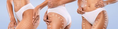 Hatları ve okları yukarı kaldıran mükemmel kadın vücutları, tanımlanamayan beyaz iç çamaşırlı, liposuction sonrası uygun vücudu gösteren yaratıcı kolaj,