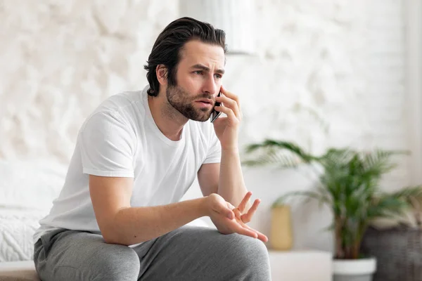 Furious Handsome Bearded Young Man Having Phone Call Girlfriend Personal — Stock Photo, Image