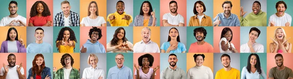 Various Multiethnic Males And Females With Happy Faces Posing On Pastel Coloured Backgrounds, Happy Multicultural People Expressing Positive Emotions And Gesturing At Camera, Creative Collage