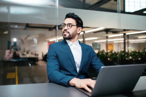 Serious Busy Attractive Millennial Muslim Businessman Beard Suit Glasses Works — Stock Photo, Image