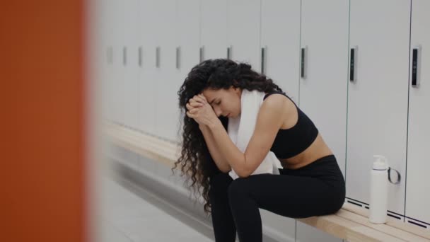 Sport Exhaustion Concept Young Tired Woman Athlete Sitting Gym Locker — Stock Video