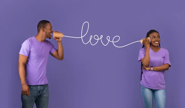 Portrait Happy Black Guy Telling Romantic Words His Lady Tin — Stok Foto