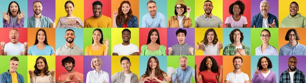 Set Van Optimistische Multi Etnische Mensen Portretten Kleurrijke Achtergronden Diverse — Stockfoto