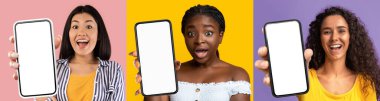 Renkli stüdyo geçmişleri, modelleme, panorama, kolaj gibi konularda olumlu duygular ve beyaz ekranlı yepyeni cep telefonları gösteren çok ırklı kadınlar.