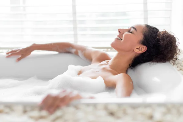 Charming Young Woman Taking Foamy Bath Lying Closed Eyes Enjoying — Stock Photo, Image