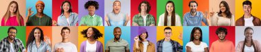 Mutlu Milenyeller. Neşeli Genç Çok Irklı Kişilerin Portreleri Parlak Arkaplanda Pozitif Kadın ve Erkeklerle Yaratıcı Kolaj Yapıyor, Panorama