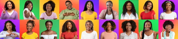 Mosaic With Happy Black Female Portraits Over Bright Backgrounds, Diverse Cheerful African American Women Expressing Positive Emotions While Standing Isolated Over Colorful Backdrops, Collage