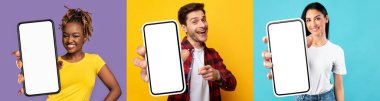 Mutlu çok kültürlü genç adam ve kadınlar ellerinde beyaz ekranlı modern akıllı telefonlar tutuyorlar ve gülümsüyorlar, en yeni mobil uygulamalardan, stüdyo geçmişlerinden, fotoğraflardan, kolajdan, modellemeden, panoramadan keyif alıyorlar.