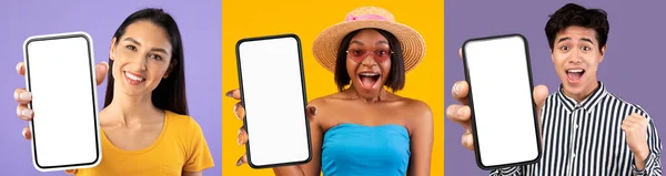 Millennials Multirraciais Positivos Senhoras Elegantes Cara Emocional Segurando Smartphones Com — Fotografia de Stock