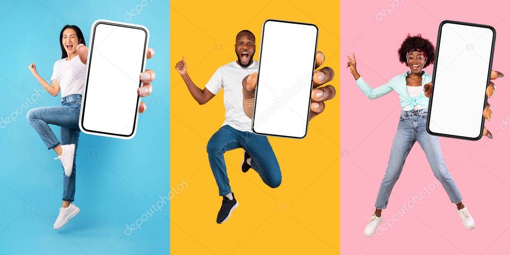 Excited stylish multinational millennials jumping in the air with brand new cell phones, showing white empty screens, collection of full length photos, mockup, panorama, collage