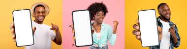 Modern akıllı telefonları beyaz ekranlı ve hareketli gösteren mutlu siyahi insanların toplanması, en yeni mobil uygulamalar, kolaj, panorama, model