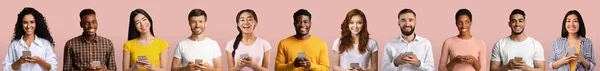 Alegre Millennial Diferentes Homens Mulheres Digitando Smartphones Verifique Redes Sociais — Fotografia de Stock