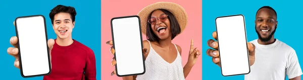 Colecção Felizes Multirraciais Millennial Pessoas Dois Caras Uma Senhora Posando — Fotografia de Stock