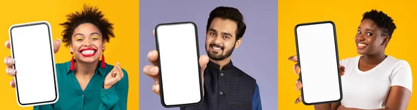 Позитивні Молоді Чорні Леді Індійський Хлопець Показують Новітні Мобільні Телефони — стокове фото