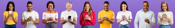 Online Communication. Group Of Multiethnic People Messaging On Smartphones Whie Standing Over Purple Background, Set Of Multicultural Men And Women Using Cellphones For Chatting, Collage, Panorama