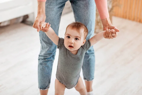Little Baby Boy Girl Taking First Steps Mother Help Woman — Stock Photo, Image