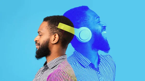 Χαρούμενος Γενειοφόρος Αφροαμερικάνος Τύπος Της Χιλιετίας Casual Πουκάμισο Ακούει Μουσική — Φωτογραφία Αρχείου
