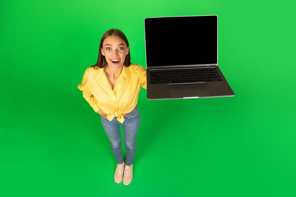 Excited Woman Showing Laptop With Blank Screen Advertising Online Offer Or Great Website Smiling To Camera Standing Over Green Studio Background. Internet And Technology. High Angle, Mockup