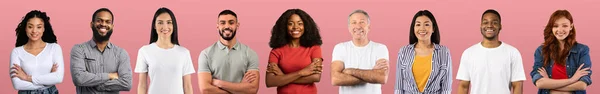 Verzameling Van Foto Van Gelukkige Multiraciale Mensen Poseren Kleurrijke Roze — Stockfoto