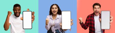 Duygusal çok ırklı çağlar, beyaz ekranlı yepyeni cep telefonları, kumar için güzel mobil uygulamalar öneren genç erkekler ve bayanlar, renkli arka planlar, modelleme, kolaj, panorama