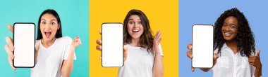 Beyazlar içindeki çok kültürlü genç bayanlar beyaz ekranlı yeni akıllı telefonlar, renkli stüdyo arka planı, duygusal fotoğraf koleksiyonu, kolaj, panorama
