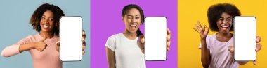 Beyaz boş ekranlar, kolaj ve panorama gösteren, renkli stüdyo arka planında modern akıllı telefonlarla poz veren binlerce yıllık Afro-Amerikan kadınlarının fotoğrafları.