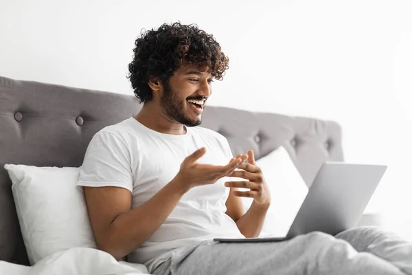 Happy Millennial Eastern Man Having Online Party Friends While Staying — Stock Photo, Image