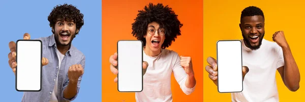 Emocional Multirracial Jóvenes Que Muestran Los Nuevos Teléfonos Inteligentes Con —  Fotos de Stock