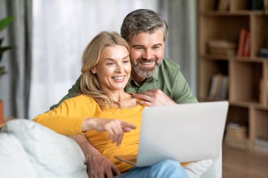 Bilgisayarlı güzel bir orta yaşlı çift evde dinleniyor, internetten alışveriş yapıyor ya da tatil rezervasyonu yaptırıyor, teçhizat ekranına bakıp gülümseyen bir kadın kocasına bir şey gösteriyor.