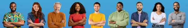 Multiracial people different ages with arms crossed on chest cheerfully smiling at camera, happy men and women in casual posing on blue studio background, web-banner for international society