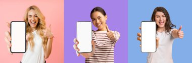 Beyazlar içindeki çok kültürlü genç bayanlar beyaz ekranlı ve başparmaklı yeni akıllı telefonlar, renkli stüdyo geçmişi, duygusal fotoğraf koleksiyonu, kolaj, panorama