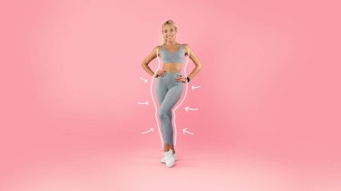 Spor kıyafetli genç sarışın kadın pembe arka planda çekici bir vücut, kilo verme çizgileri ve okları olan bir kolaj. Boş alanı olan pankart tasarımı. Zayıflama, sağlıklı yaşam tarzı