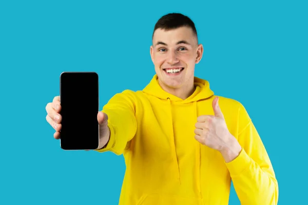 Great App Man Showing Phone Thumbs Gesture Approving Mobile Offer — Stock Photo, Image