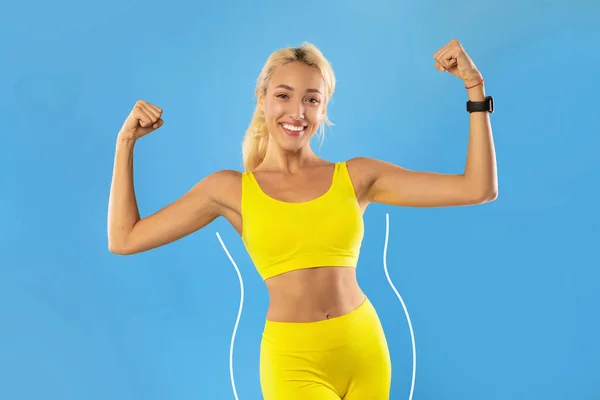 Kolaż Szczęśliwą Młodą Blondynką Białą Kobietą Odzieży Sportowej Pokazującą Mięśnie — Zdjęcie stockowe