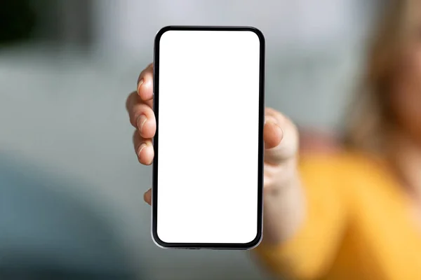 Modern Smartphone Big Blank White Screen Hand Showing Camera Woman — 스톡 사진