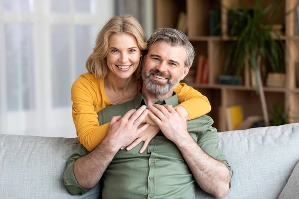 Happy Middle Aged Couple Romantic Man Woman Hugging Home Portrait — Stock Photo, Image