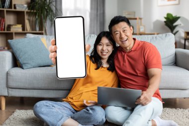 Mutlu Asyalı çift hafta sonu evde birlikte takılıyor. Oturma odasındaki koltukta oturan heyecanlı Koreli erkek ve kadın dizüstü bilgisayar kullanıyor ve akıllı telefonu boş ekranlı gösteriyor.