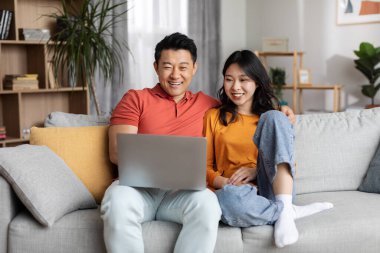 Sevgi dolu Çinli çift birlikte dizüstü bilgisayar kullanıyor, ev içinde rahat, mutlu Asyalı adam güzel karısına sarılıyor ve defter ekranına bakıyor, fotoğraflar izliyor, uzay kopyaları kopyalıyor.