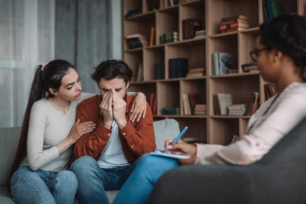 Depressed Sad Millennial European Wife Calming Husband Doctor Office Clinic — Stock Photo, Image